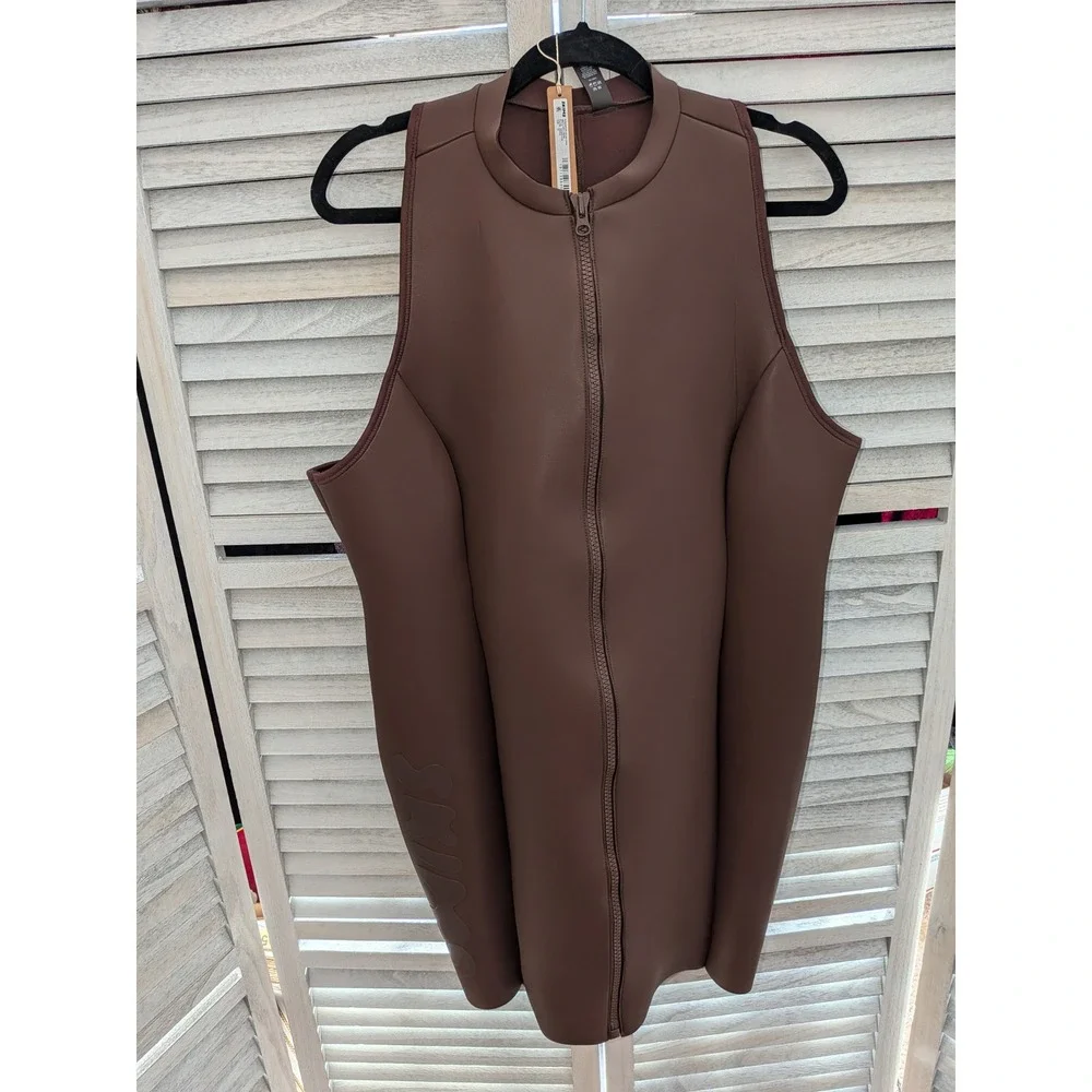 SKIMS Faux Leather Mock Neck Swim‎ Dress Espresso Brown Full Zip Racerback NEW